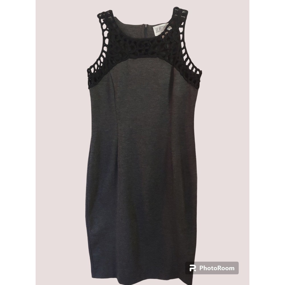 Julian Taylor Gray Sheath Dress with Black Ribbon Stitching Trim on Neckline, 10